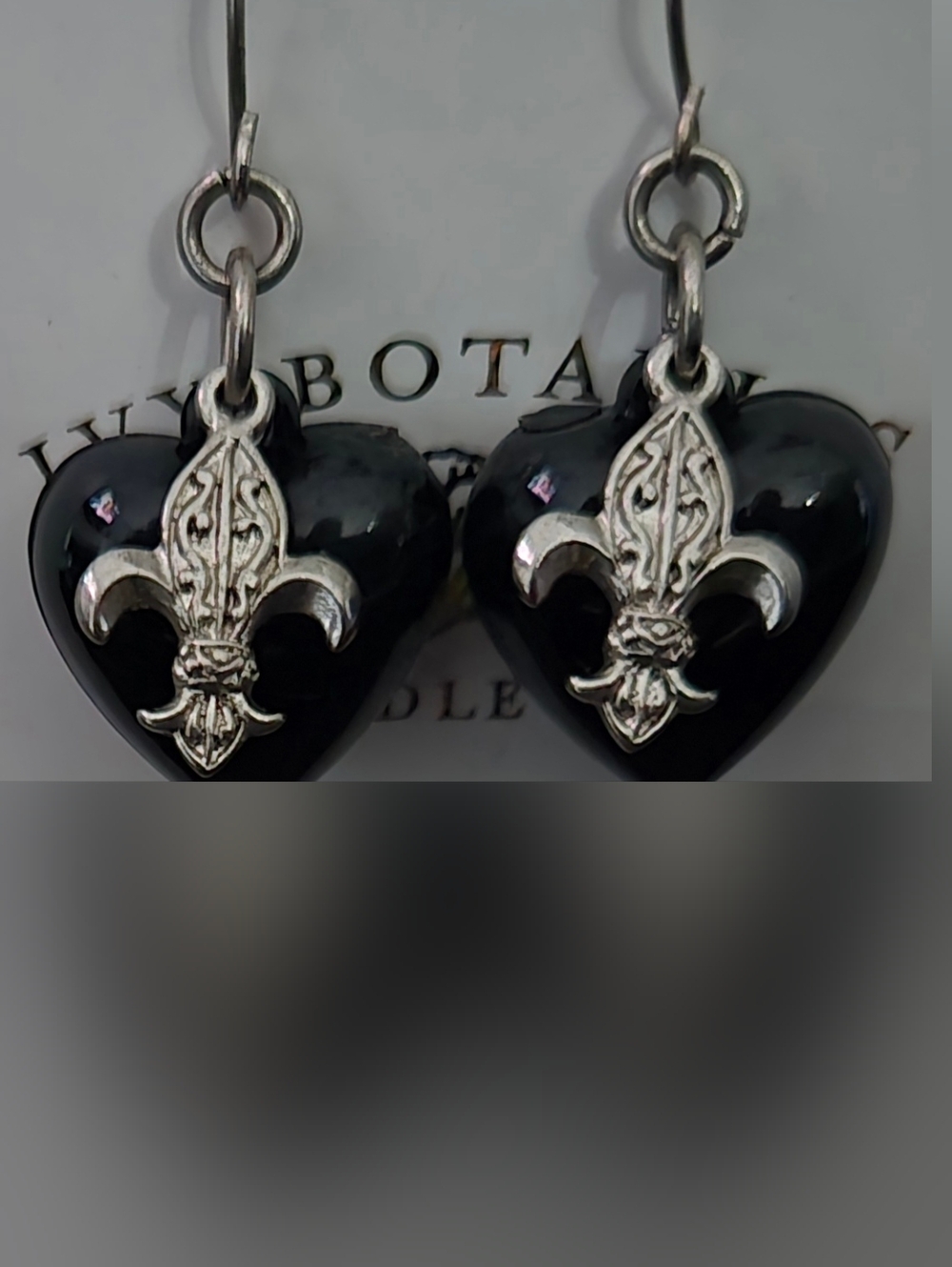 Drop Earrings Featuring A Silver Fleur-de-Lis Over Black Heart
